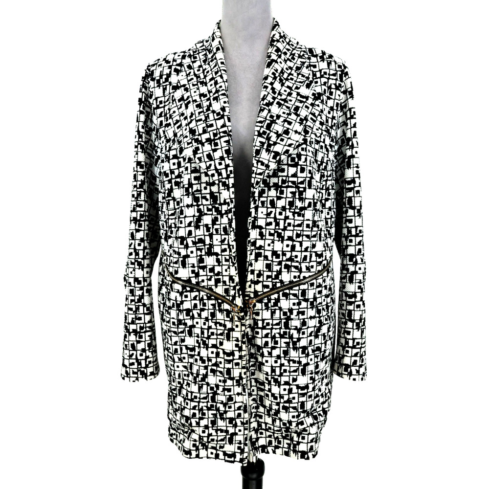 Chicos Jacket 2 Womens Large White Black Geometric Stretch Knit Zip Pockets Open